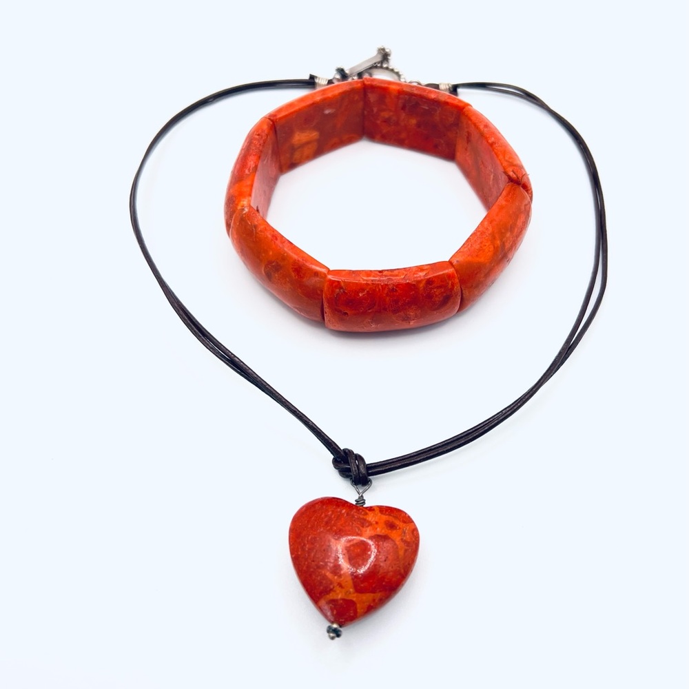 Vintage Sterling Red Sponge Coral Carved Chunky Links Bracelet & Heart Necklace